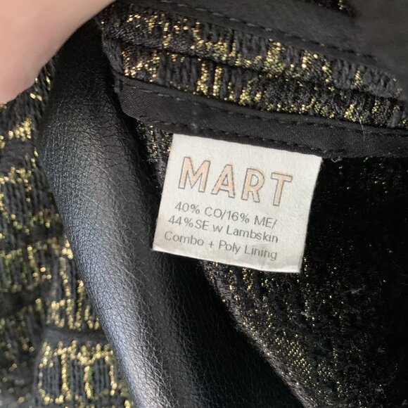 Mart Size 0 Metallic Gold Black Structured Mini Dress Lambskin Leather Trim Silk - Picture 7 of 13